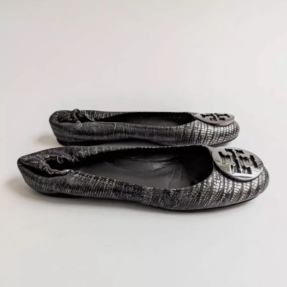 Tory Burch Reva Metallic Black Lizard Embossed Leather Ballet Flat